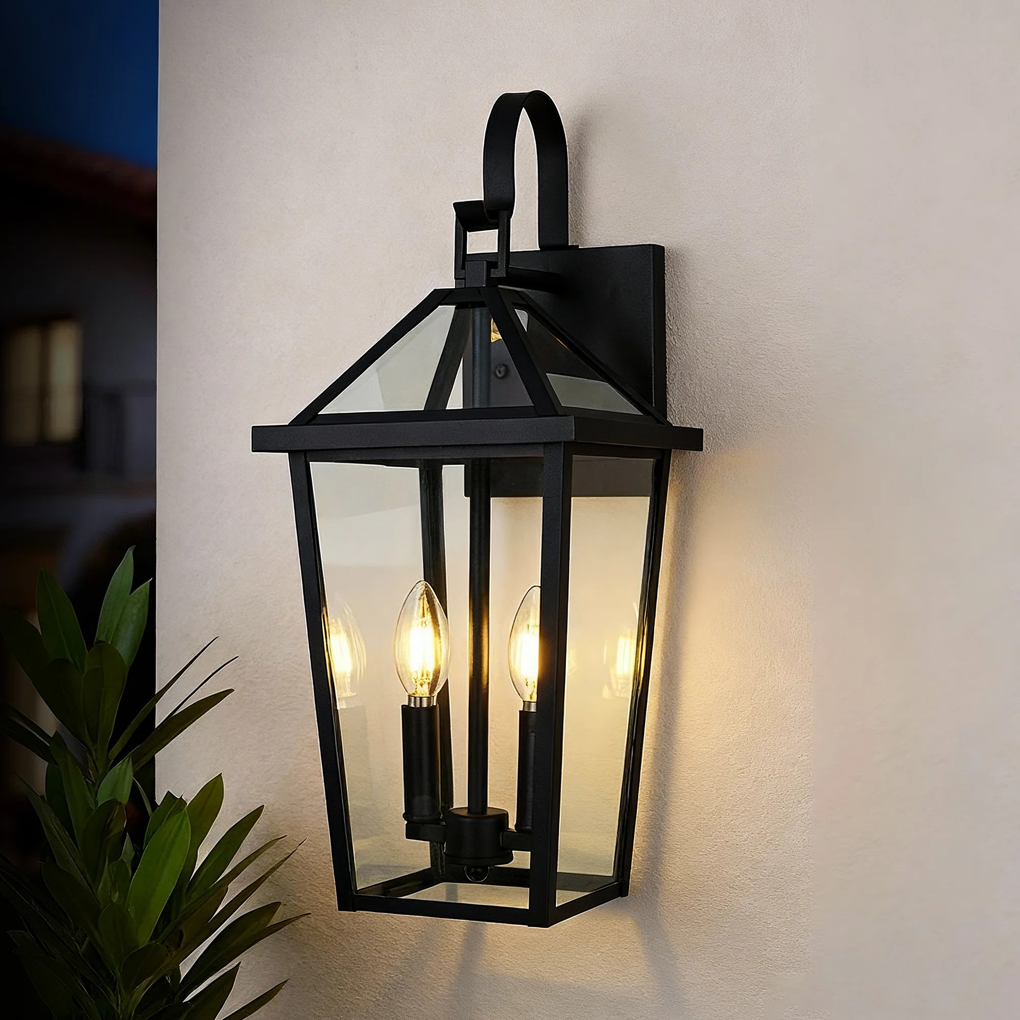 20 In. 2-Light Black Outdoor Hardwired Wall Lantern Sconce With Clear Glass Shade | Wayfair North America