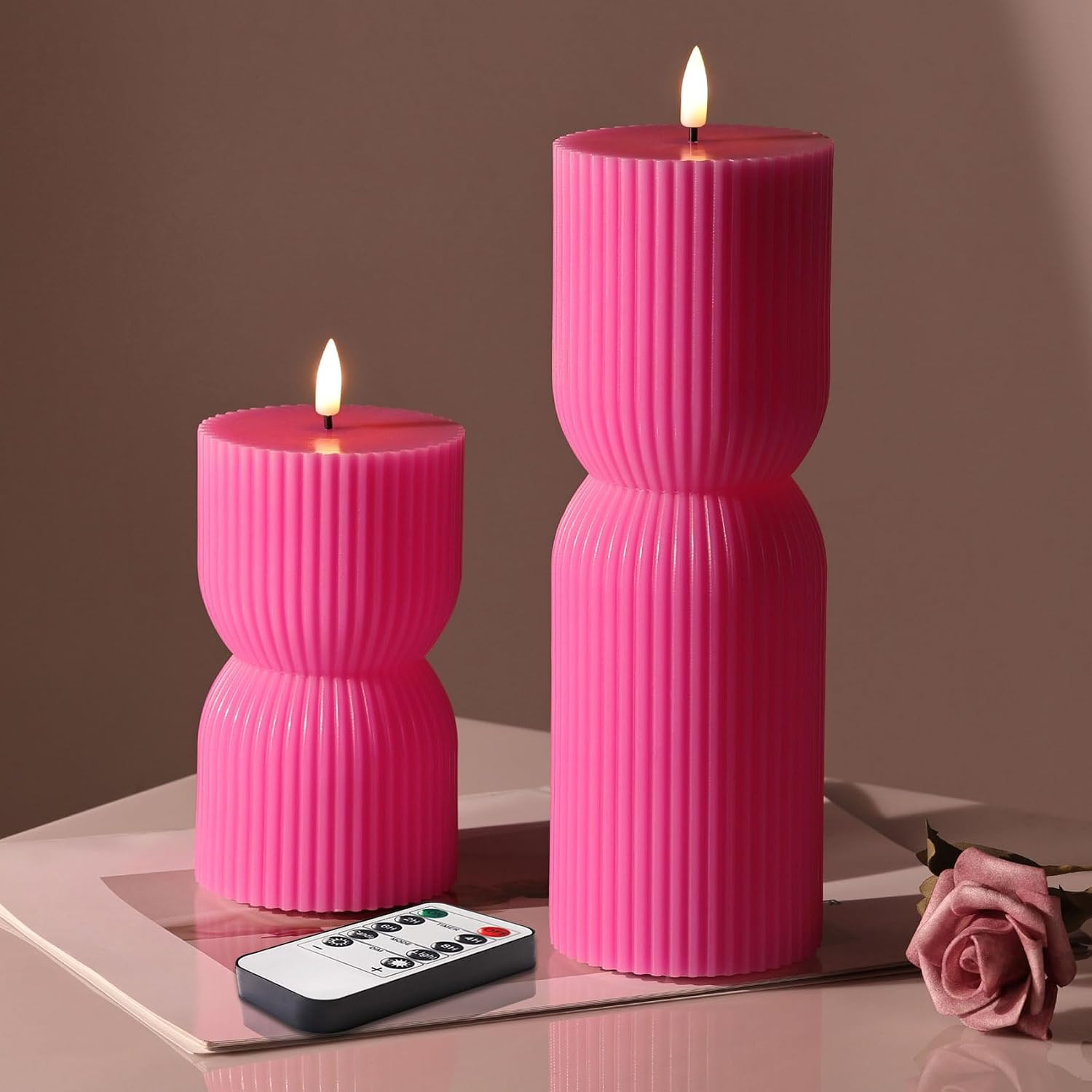 Hot Pink Ribbed Flameless Pillar Candles with Remote, Real Wax Flickering Battery LED Candles Set... | Amazon (US)