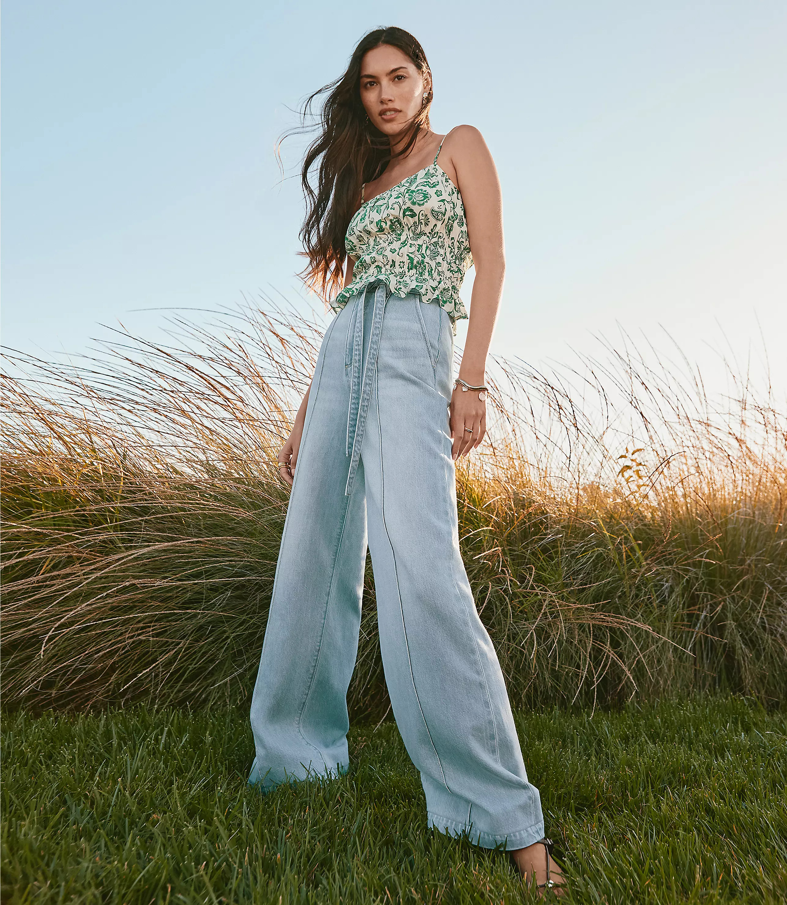 Tall Tie Waist High Rise Palazzo Jeans in Light Wash | LOFT