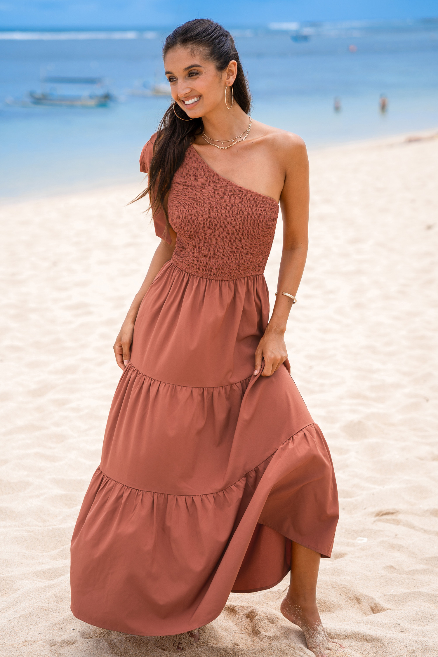 Brick One-Shoulder Smocked Bodice Maxi Dress | Cupshe US