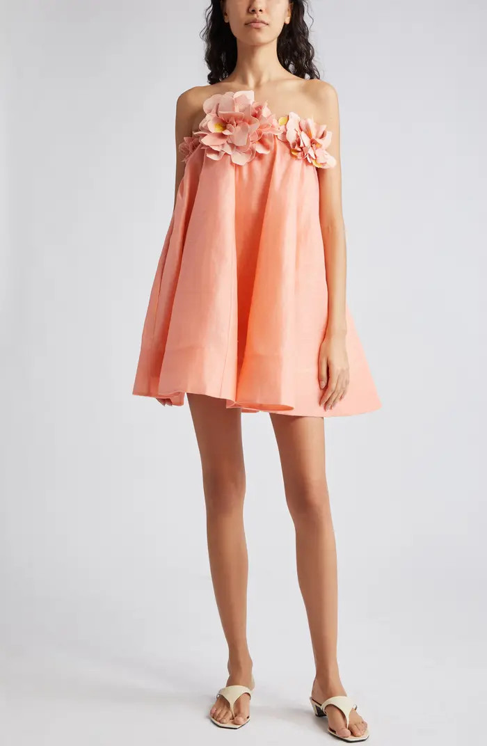 Zimmermann Natura Floral Appliqué Strapless Linen & Silk Minidress | Nordstrom | Nordstrom