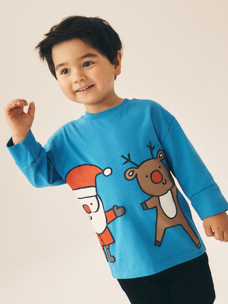 Blue Santa & Rudolph Long Sleeve Christmas T-Shirt (3mths-7yrs) | Next US