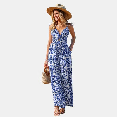 Women's Bohemian Floral Print Spaghetti Strap Jumpsuit - Cupshe-L-Blue | Target