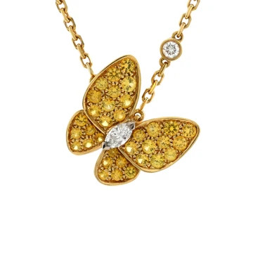 Two Butterfly Pendant Necklace 18K Yellow Gold with Yellow Sapphires and Diamonds | Rebag