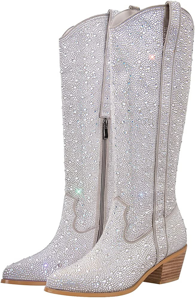 MissHeel Sparkly Rhinestones Knee High Boots Chunky Heels | Amazon (US)