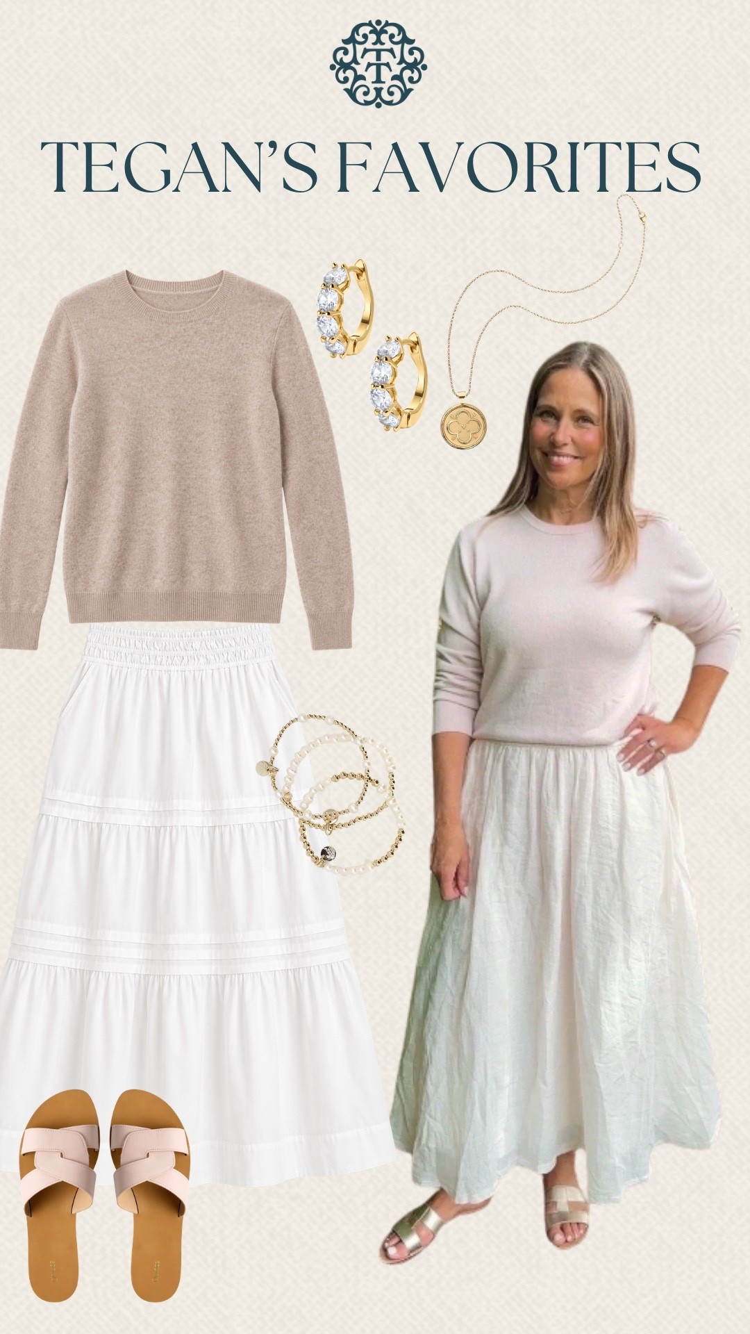 We’re loving this soft neutral combination for fall, featuring a cozy knit top and flowy white skirt from Quince. Gold jewelry and blush sandals add just the right finishing touches without taking away from the pretty color palette. This would be perfect for brunch, a family gathering, or a weekend day out.

#LTKSeasonal #LTKOver40 #LTKMidsize