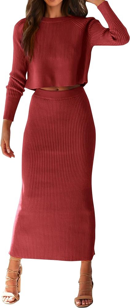 PRETTYGARDEN Women's Fall 2 Piece Sweater Set Rib Knit Long Sleeve Crop Top Maxi Bodycon Skirt Casua | Amazon (US)