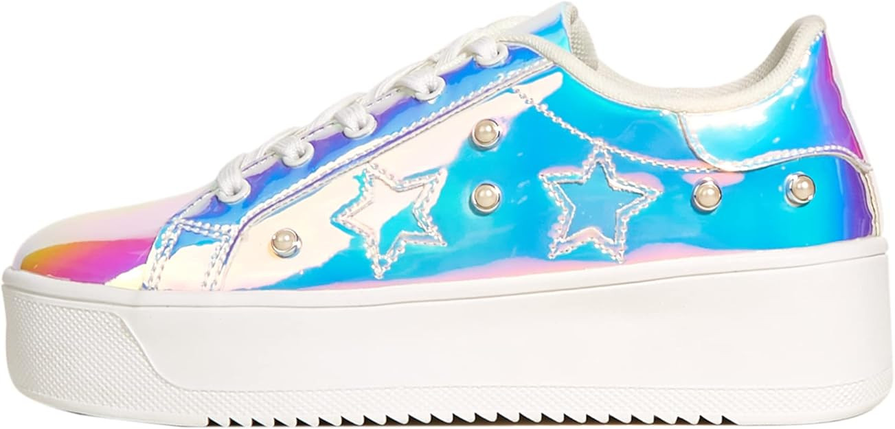 BELOS Fashion Platform Women Sneakers Faux Suede Stars Holographic Rainbow Walking Shoes | Amazon (US)