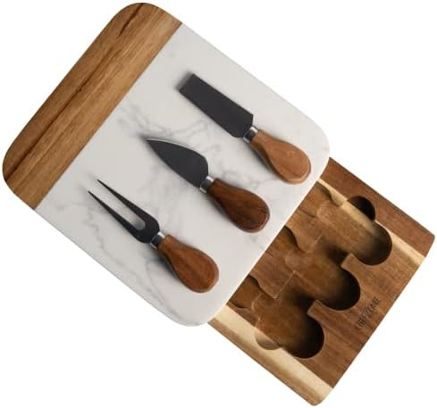 Cheezcare Marble Cheese Board - Acacia Wood Tray with 3-Knife Set - Marble Charcuterie Board for ... | Amazon (US)
