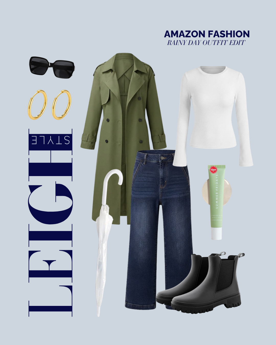 Stay chic and dry on gloomy days with a classic olive trench, sleek rain boots, and simple gold hoops.

#AmazonFashion #RainyDayOutfit #RainyDayStyle #StreetStyle #CasualChic #LeighStyle #OutfitInspo 

 #LTKootd #LTKSeasonal #LTKBeauty