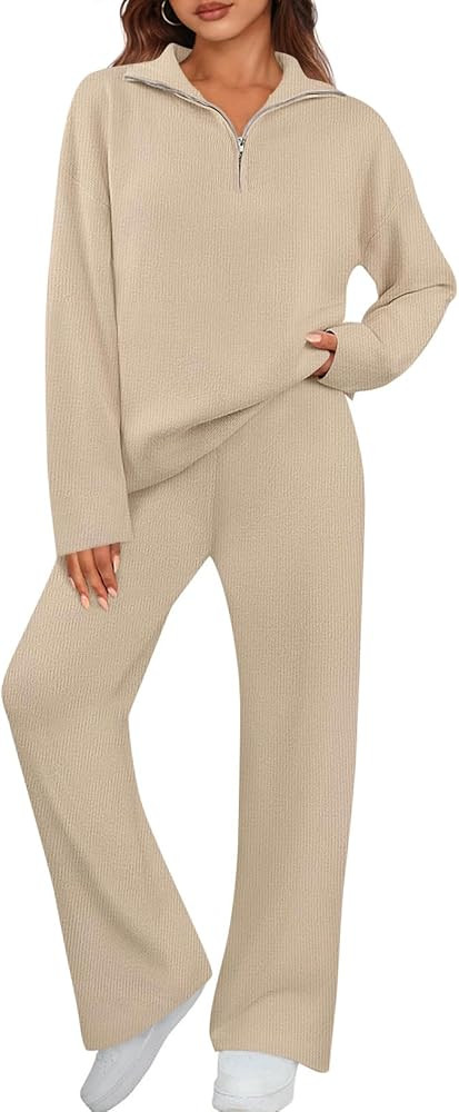 MEROKEETY Women's 2 Piece Sweater Sets Long Sleeve Quarter Zip Knit Top Wide Leg Pants Lounge Mat... | Amazon (US)