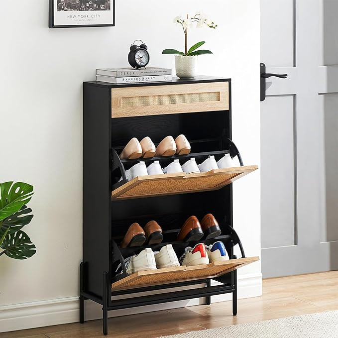 IDEALHOUSE Natural Rattan 2 Flip Door with 1 Drawer Shoe Cabinet Organizer Freestanding, Shoe Rac... | Amazon (US)