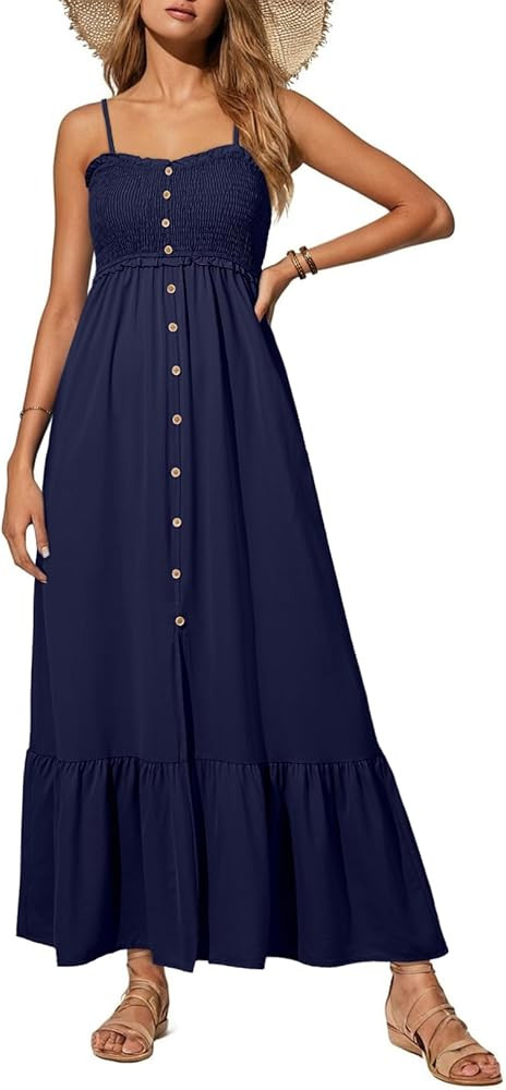 Dokotoo Womens Summer Dresses 2026 Sleeveless Spaghetti Strap Button Down Smocked Beach Vacation ... | Amazon (US)