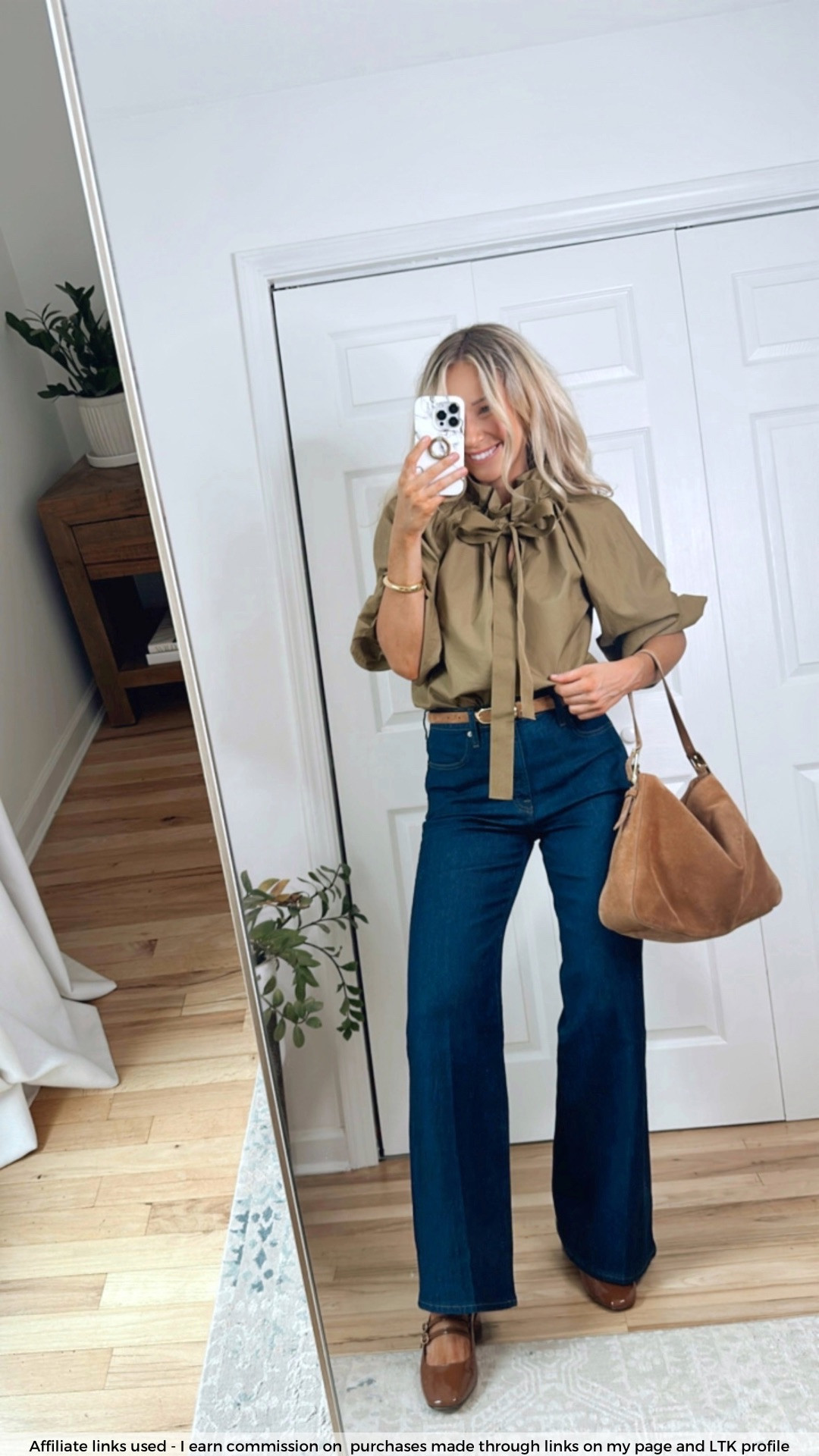 Cute casual fall outfit with jeans

Walmart top
Ruffle collar shirt 
Oversized suede bag