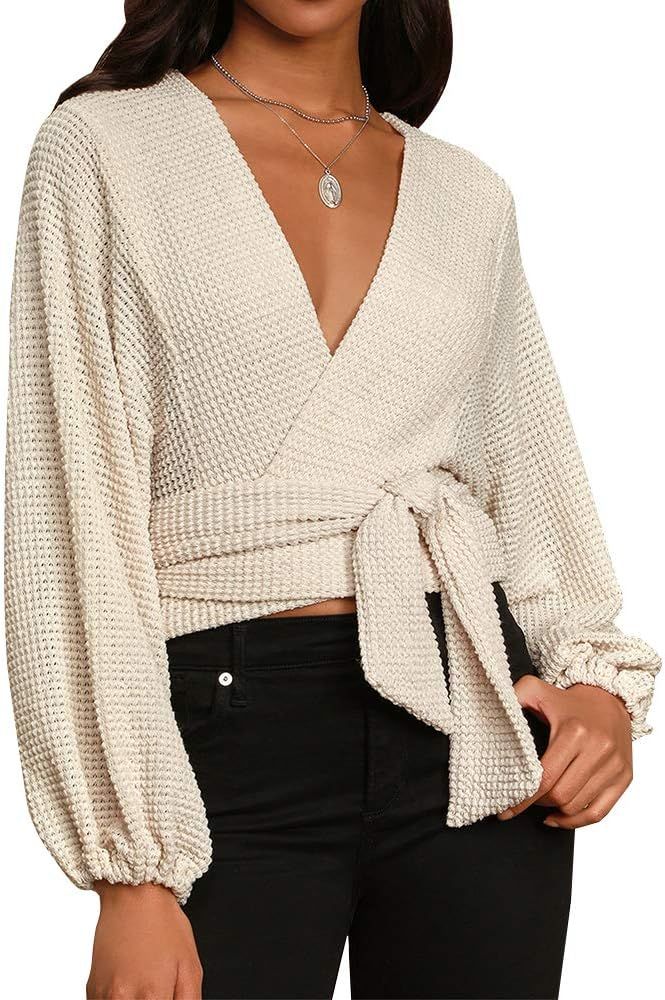 Women’s V Neck Long Sleeve Wrap Sweater Loose Casual Waffle Knit Pullover Tops | Amazon (US)