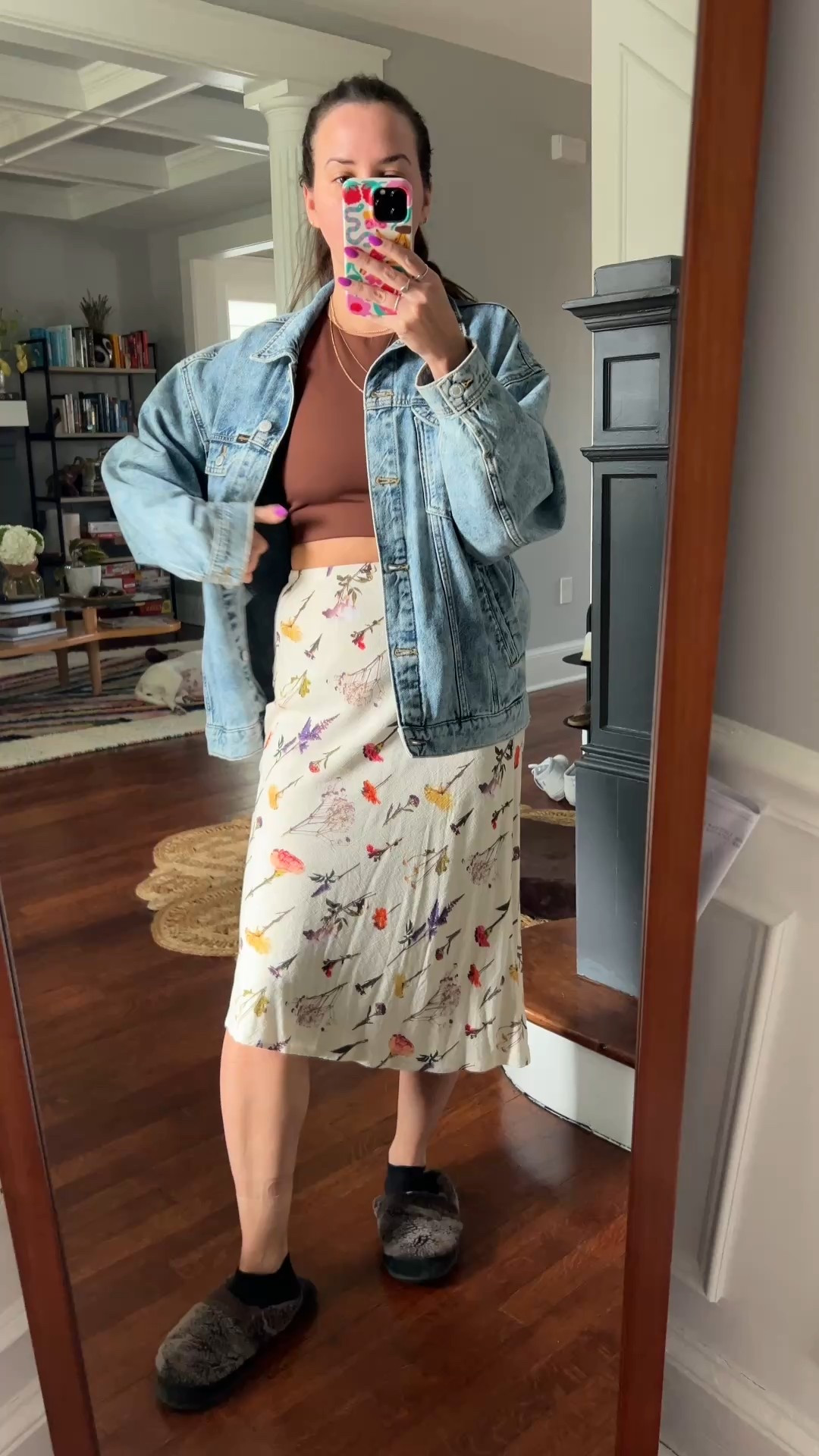 midi skirt. lisa says gah. floral skirt. crop top. brown. outfit. work from home outfit. layers. oversized jean jacket. denim jacket. wrangler. 

 

#LTKSaleAlert #LTKFindsUnder100 #LTKWatchNow