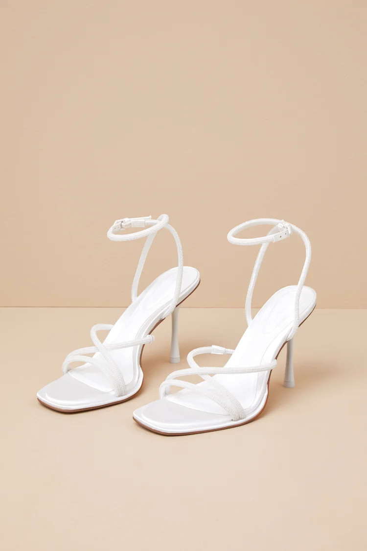 Dalilah Off White Satin Pearl Ankle Strap High Heel Sandals | Lulus