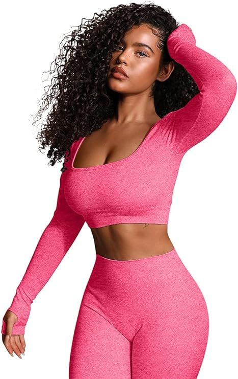 HYZ Women Workout 2 Piece Outfits High Waist Legging Gym Yoga Bodycon Sports Crop Top Sets | Amazon (US)