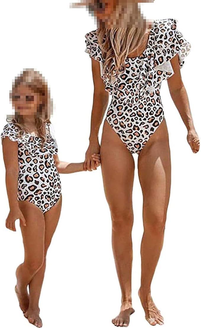 Mommy and Me Swimsuit One Piece Leopard Ruffle Bathing Suit Family Matching Swimwear Monokini | Amazon (US)