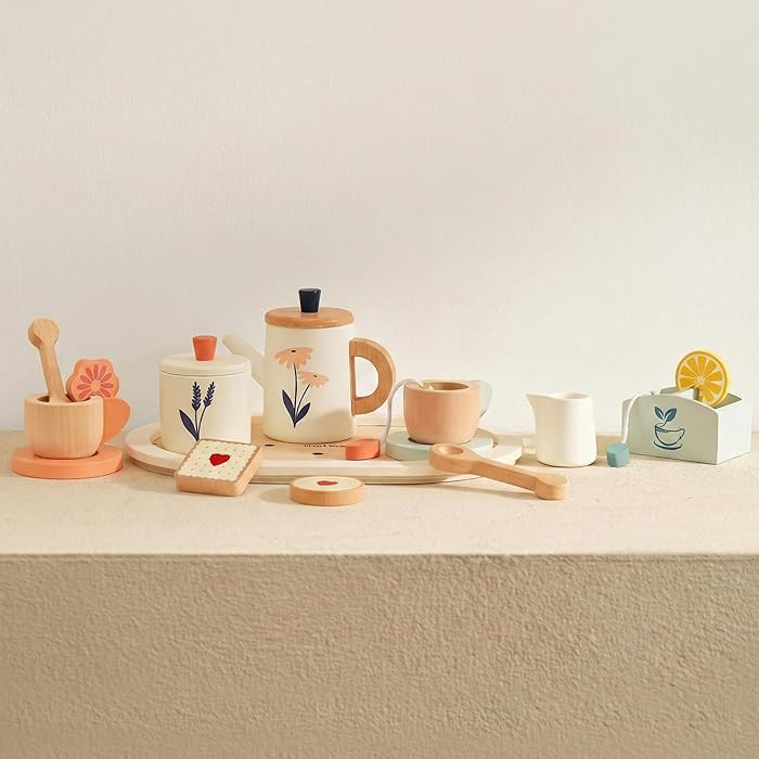 PairPear Wooden Tea Set for Kids, 19-Piece Pretend Tea Time Play Set with Tray, Wooden Tea Toys f... | Amazon (US)