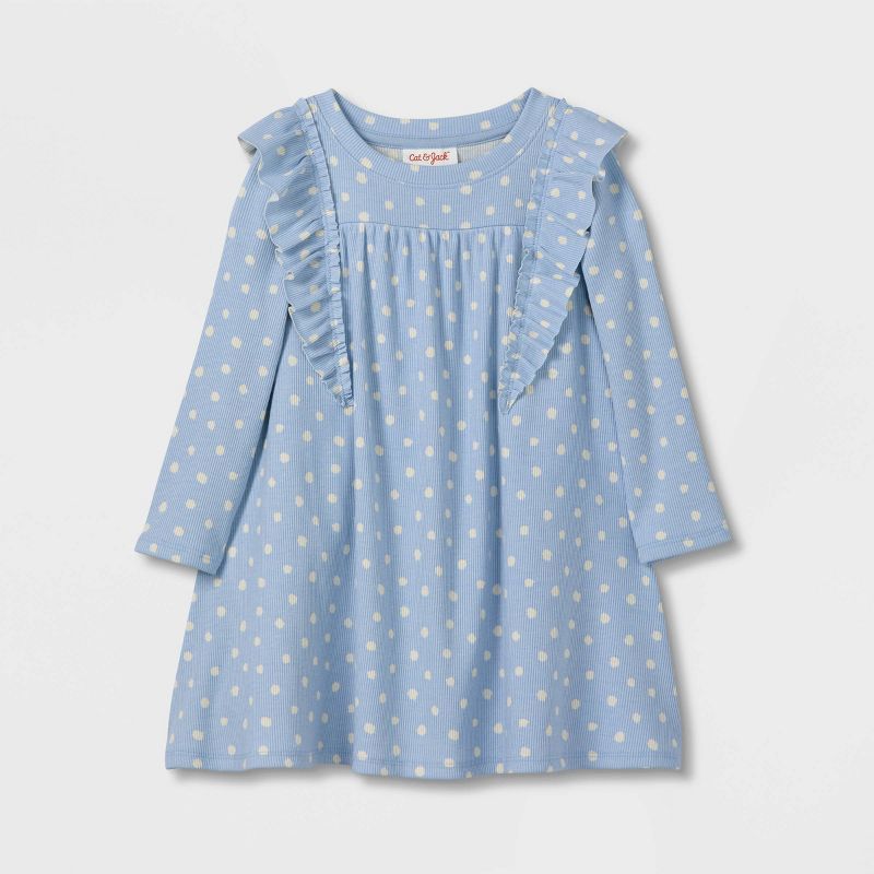 Toddler Girls' Dotted Ruffle Long Sleeve Ribbed Dress - Cat & Jack™ Blue | Target