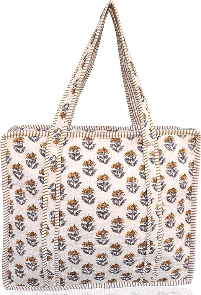 100% Cotton Quilted Tote Bag 18x16– Large Zipper Beach Bag & Travel Bag Purse Reusable Grocery ... | Amazon (US)