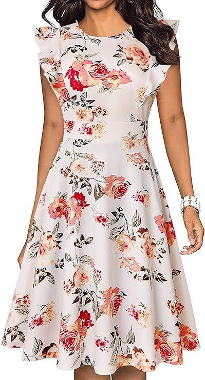 IHOT Women's Vintage Ruffle Floral Flared A Line Swing Casual Cocktail Party Dresses with Pockets | Amazon (US)