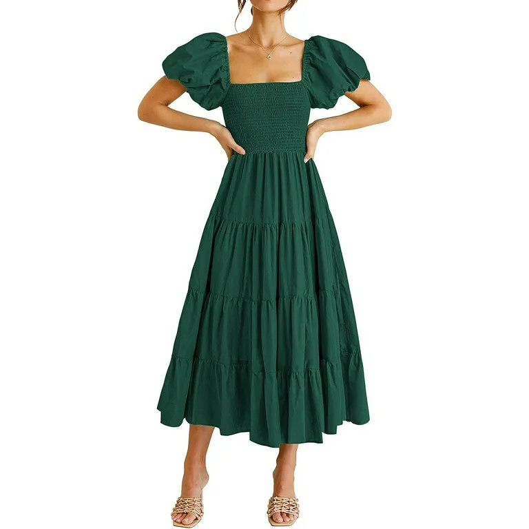 Women's Summer Short Puff Sleeve Smocked Dress Square Neck Long Dresses | Walmart (US)