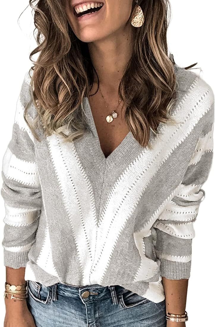 EVALESS Sweaters for Women Sleeve Sexy Deep V Neck Casual Knit Striped Pullover Sweater | Amazon (US)