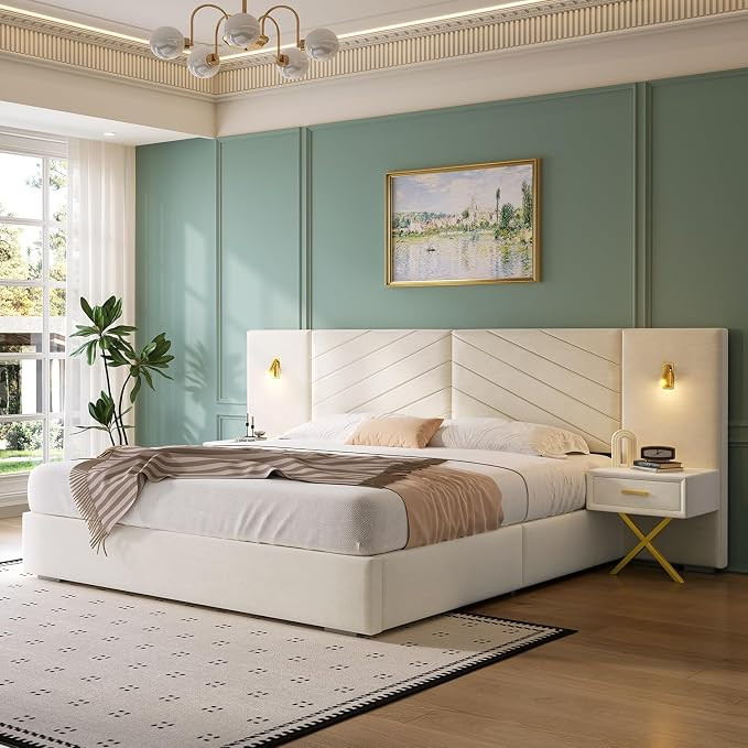 Yoglad Queen Size Luxury Bed Frame with Oversized Upholstered Velvet Headboard with 2 Built-in St... | Amazon (US)