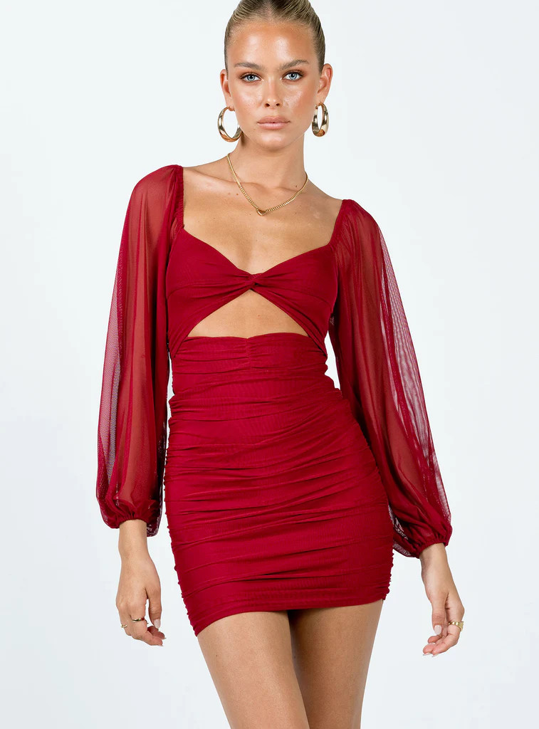 Merley Long Sleeve Mini Dress Burgundy | Princess Polly US