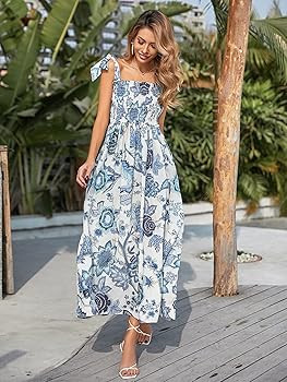 Floerns Women's Summer Boho Floral Print Tie Strap A Line Long Maxi Dress | Amazon (US)