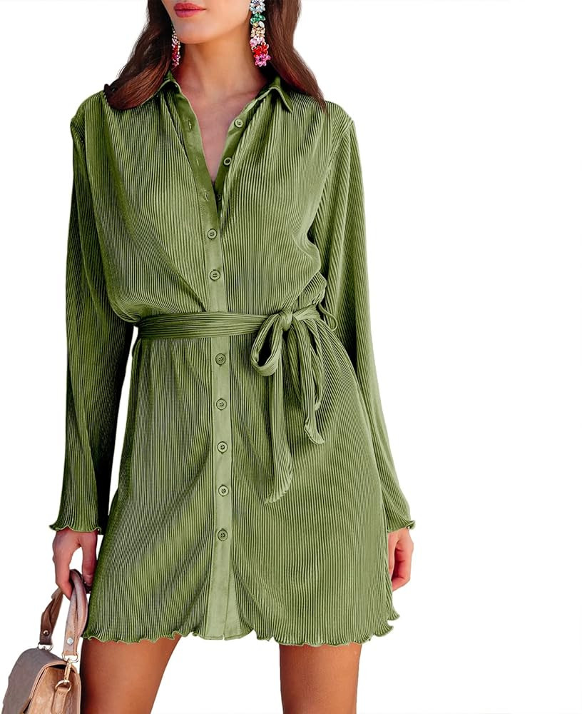 Neufigr Shirt Dresses for Women Summer Dresses Vneck Long Sleeve Mini Button Down Dress Casual Ru... | Amazon (US)