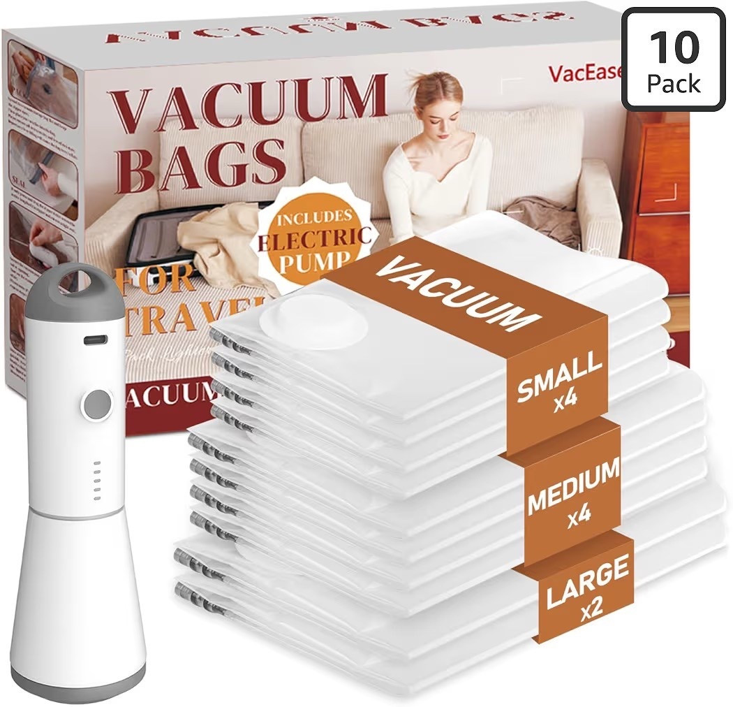 Vacbird Vacuum Storage Bags for Clothing Travel, 10 Pack Vacuum Bags with Rechargeable Cordless Air Pump(2 Large+4 Medium+4 Small)

#LTKSaleAlert #LTKTravel