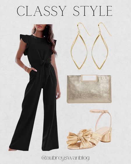 Classy style for an elevated look! This is a great option for work or church.

Women's jumpsuit, gold heels, gold earrings, gold clutch, gold bracelets, Amazon style