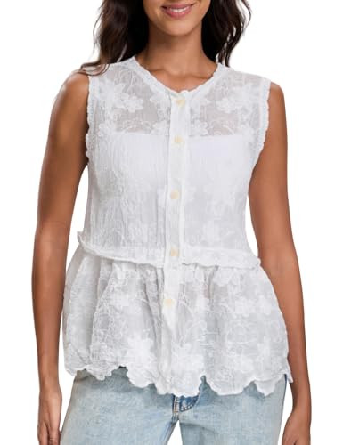 Womens Summer Boho Tank Button Down Sleeveless Vacation Tops Ruffle Knit Embroidered Spring Vest | Amazon (US)