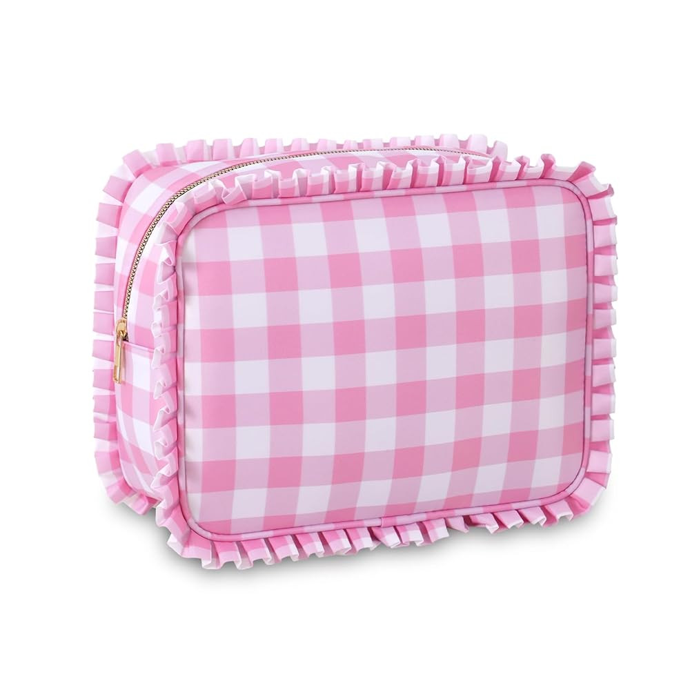 Gingham Ruffle Makeup Bag,Large Travel Cute Cosmetic Bag for Women Girls,Toiletry Bag Make up Org... | Amazon (US)