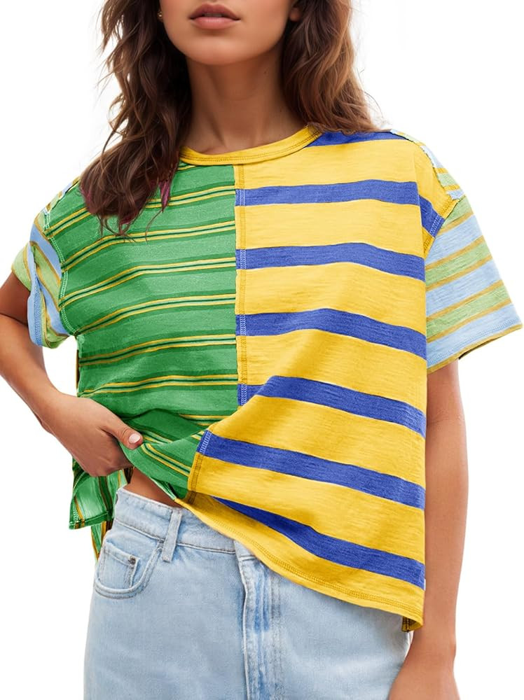 Tankaneo Womens Summer Striped Shirts Casual Color Block Short Sleeve Tops Loose Fit Crew Neck Te... | Amazon (US)
