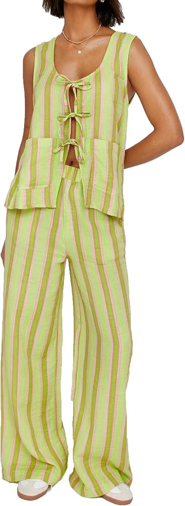 Women Y2K Tie Front 2 Piece Pants Outfit Striped Open Front Vest Top Wide leg Lounge Pants Summer... | Amazon (US)