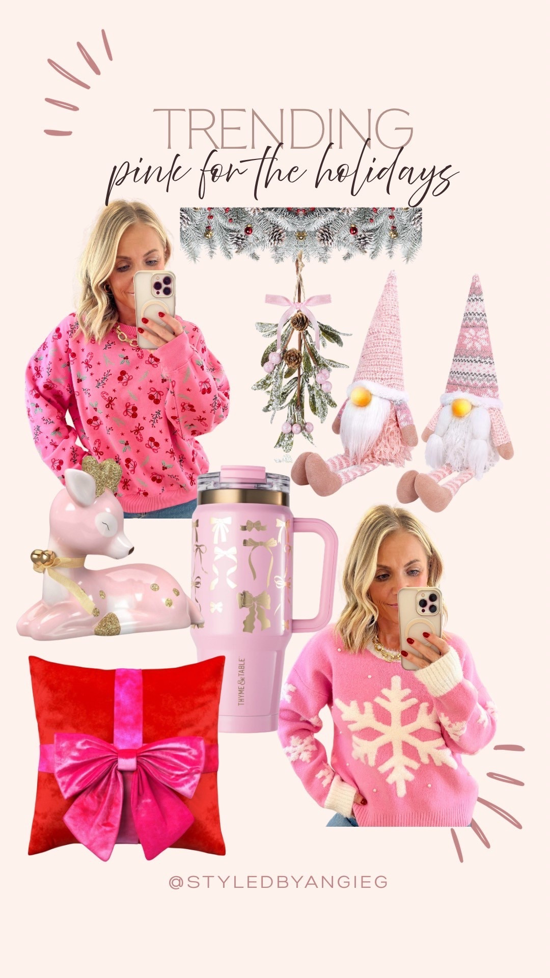 I am loving pink trend for the holidays. Target has the cutest, most comfy sweater options that are so cute (and not itchy). This red and pink pillow is stunning and the pale pink decorations can be up later into the winter. 
Pink winter decor, pink holiday sweaters 

#LTKPetite #LTKHoliday #LTKFindsUnder50