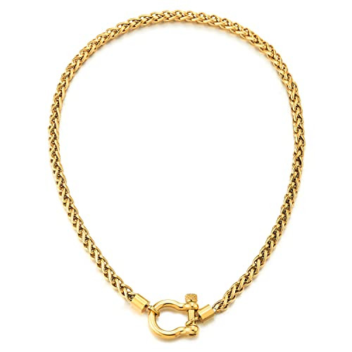 COOLSTEELANDBEYOND Mens Women Steel Gold Color Foxtail Wheat Chain Necklace, Screw Anchor Shackle... | Amazon (US)