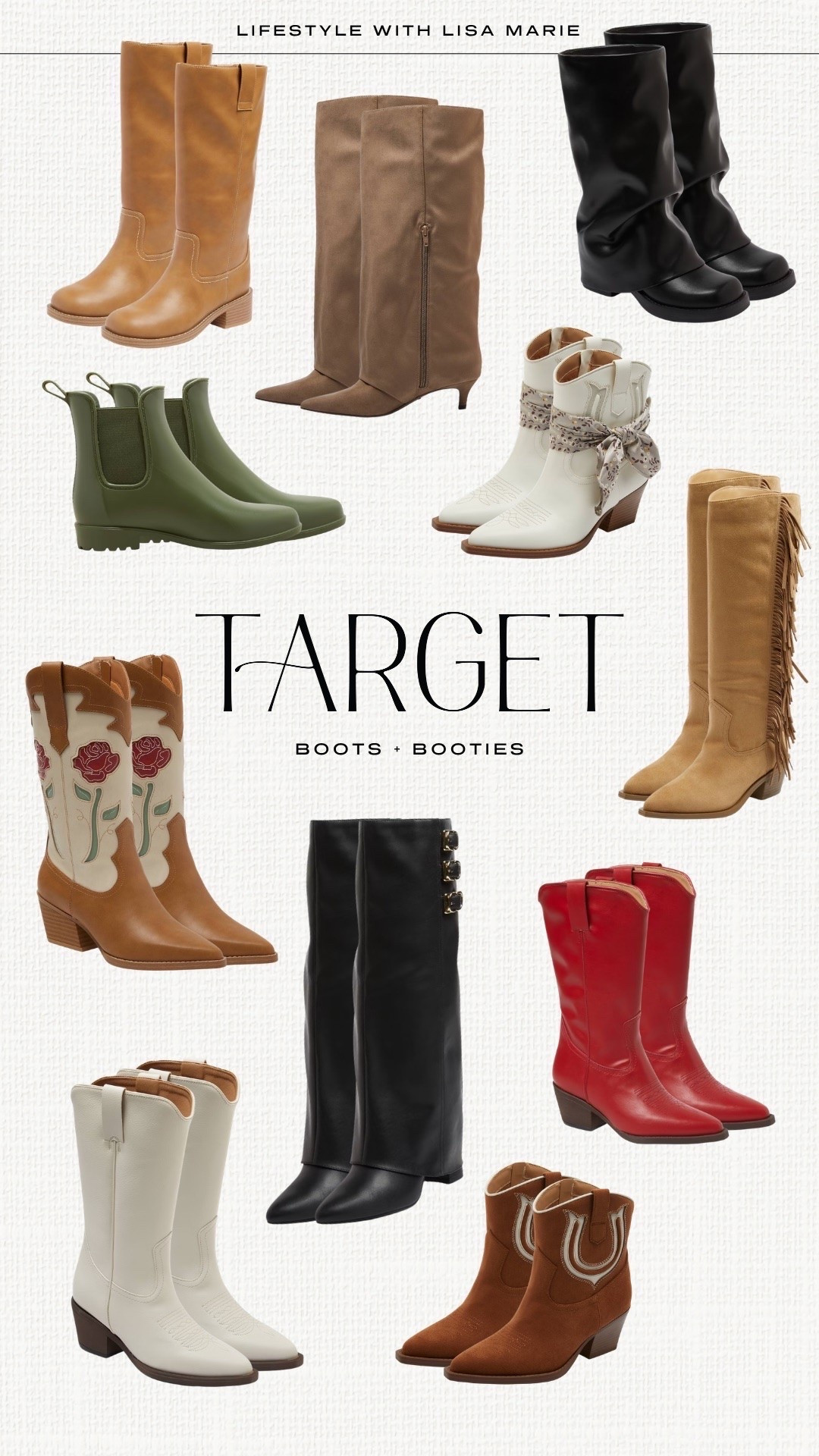 New Target boots and booties for fall and winter! Cowgirl boots for festivals and concerts. Rain boots and booties. Neutral boots and booties. Slouchy boots. Ankle and knee height boots. Suede and fringe booties and boots. Elevated casual fall shoes. Black, tan, brown, beige and cream boots.

#LTKootd #LTKSeasonal #LTKPetite