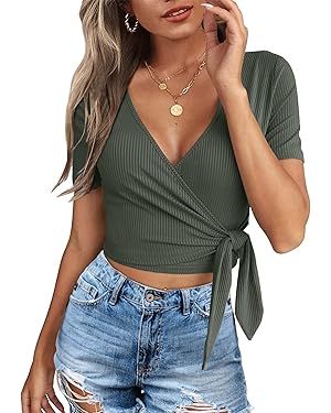 Crop Tops for Women Summer Cute Tops with Deep V Neck Shirts Sexy Unique Cross Wrap Slim Fit Tie ... | Amazon (US)