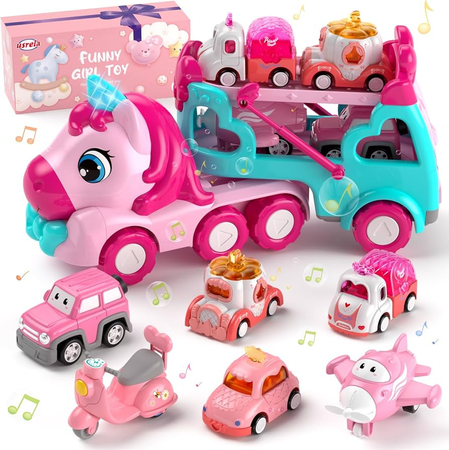 usrela Truck Toys for 2+ 3+ Year Old Girls, 7-in-1 Carrier Truck Car for Toddler Girl, Cars Toys ... | Amazon (US)