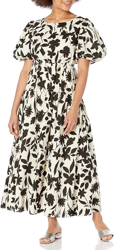 MOON RIVER Women's Floral Print Side Tie Cut-Out Tiered Shirred Midi Dress | Amazon (US)