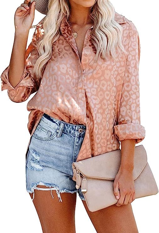 Astylish Womens V Neck Satin Embossed Roll up Sleeve Button Down Blouses Top | Amazon (US)