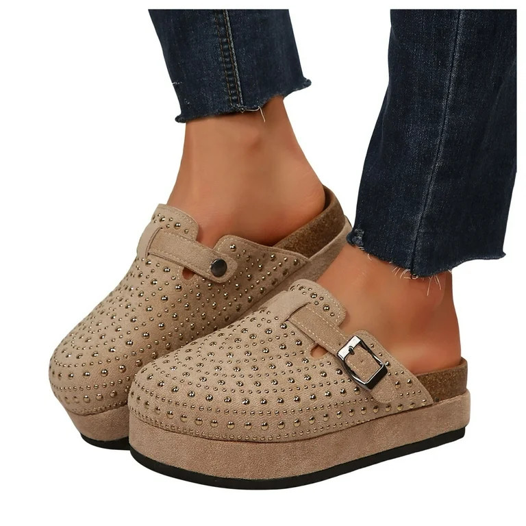 Mepaouo Women's Suede Clogs Rhinestone Cork Footbed Sandals Closed Toe Arch Support Platform Mule... | Walmart (US)