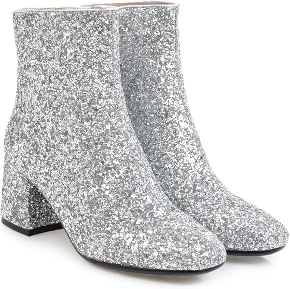 MissHeel Sparkly Glitter Boots Chunky Heels Ankle Booties | Amazon (US)