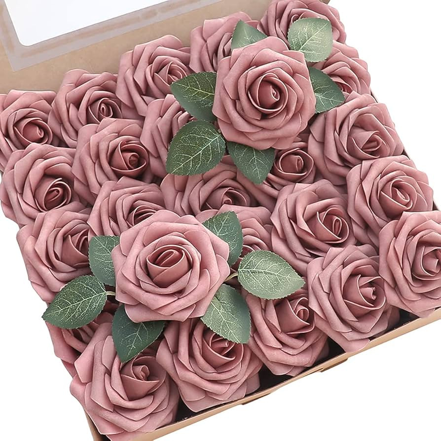 Floroom Artificial Flowers 25pcs Real Looking Dusty Rose Foam Fake Roses with Stems for DIY Weddi... | Amazon (US)