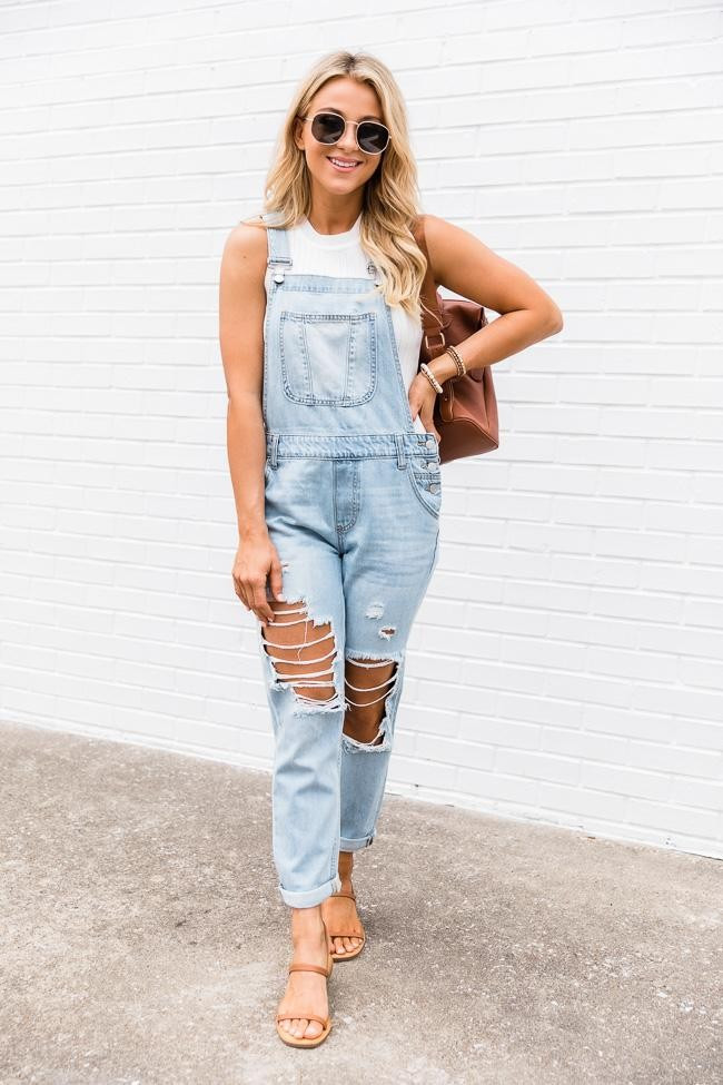 Break Even Distressed Light Wash Denim Overalls | The Pink Lily Boutique
